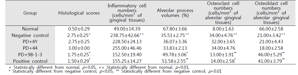 치주염 동물모델을 이용한 프로바이오틱스 효능분석 조직병리학적 분석 결과(mean±SE, n=4)