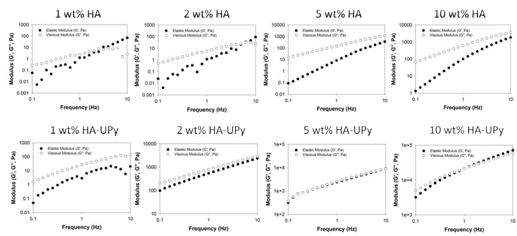 농도에 따른 HA와 HA-UPy의 Frequency sweep measurements