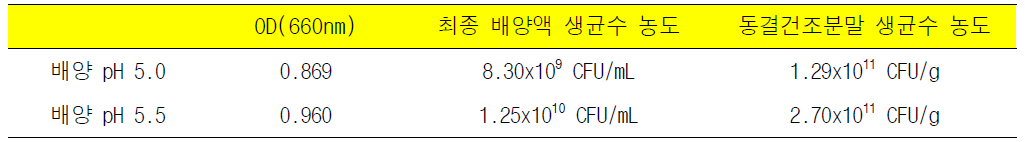 배양 pH를 5.0과 5.5로 조절하였을 때 L. pentosus 최종배양액 OD(660nm)값과 생균수