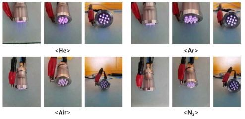 방전가스에 따른 플라즈마 발생 사진