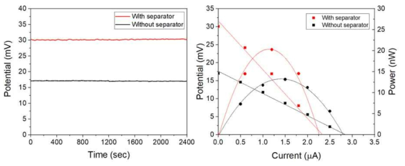 단추형 열전지의 분리막 유무에 따른 출력 전압 및 출력 전력 성능 비교