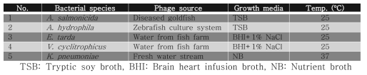 Selected bacteria, phage source and optimum growth conditions
