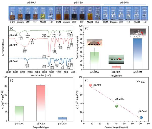 Characterization and adsorption performance of pS-MAA, pS-CEA and pS-DAM (S:comonomer molar ratio=1:2): Top image shows dissolution test of pS samples in different solvents; (a)FTIR spectra; (b)contact angle measurements; (c)adsorption capacities(qe) [Co=100mg/L; pH=6; V=50mL; m=40mg; T=30℃; shaken at 300rpm] (d)qe vs. contact angle