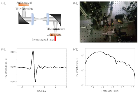 (가, 나) ZnTe crystal을 이용한 테라헤르츠파 spectroscopy 셋업. 제작된 셋업의 테라헤르츠 time-domain (다), frequency-domain (라) 신호