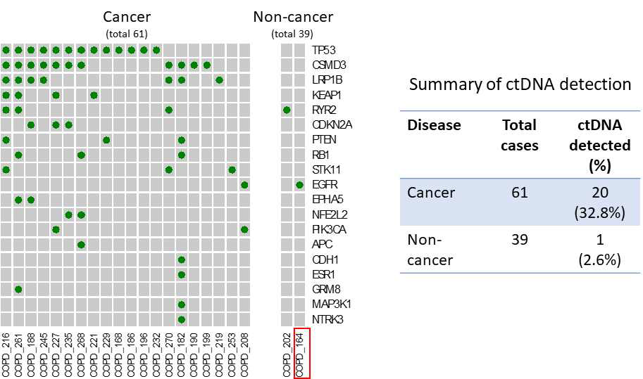 환자별 검출변이 Oncoprint 차트 및 ctDNA 어세이의 암진단 결과 요약