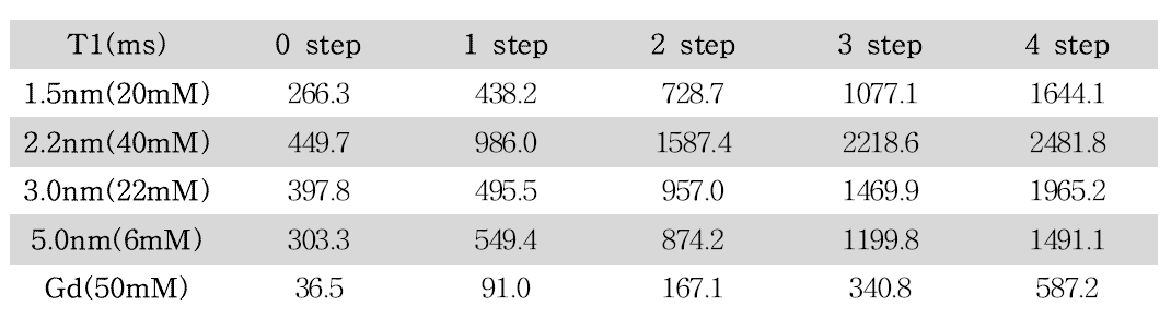 가장 높은 농도의 Gd과 크기별 Iron nano particle의 T1 값 (0∼4 step)