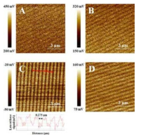 Chemical Lift-off lithography후의 LFM 이미지. (A) 금기판위의 Mercaptohexanol; (B) Ag AGR/금기판 위의 Mercaptohexanol; (C) 금기판위의 Mercaptoundecanol; (D) Ag AGR/금기판 위의 Mercaptoundecanol