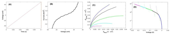 (A) Linear sweep potential, (B) (A)에 대해 계산된 voltammetry. (C) 0 mV (파란색), -50 mV (검정), -100 mV (녹색), -150 mV (시안), -200 mV(마젠타)의 DC offset에서 COMSOL시뮬레이션으로 구한 EIS data의 Nyquist plot과 (D) (C)를 이용한 voltammetry의 예측으로 구성한 Tafel plot
