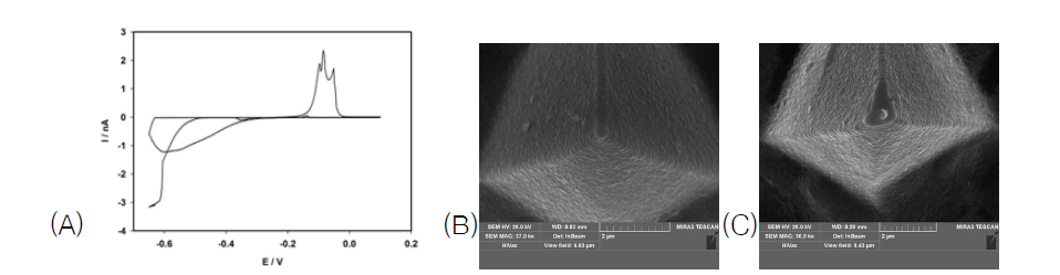 (A) 나노전극에서 Cu electroplating의 CV, Cu전기도금 (B)하기 전, (C) 수행한 후의 SEM사진