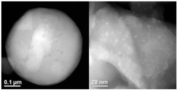 소성 후 코발트 산화물 캡슐화 제올라이트의 주사 투과형 전자 현미경(Scanning transmission micro electroscopy, STEM) 사진