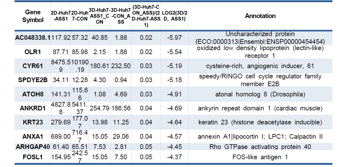 ASS1 과발현된 2D와 3D 비교시 3D 간암구상체에서 down-regulation되는 유전자