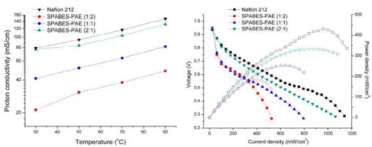 친수성 고분자의 함량 변화에 따른 이온전도도 및 단위전지 평가 결과