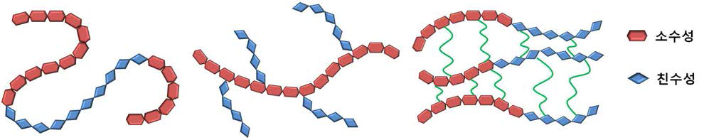 블록공중합체의 모식도(좌), 그래프트 구조의 모식도(중), 가교결합의 모식도(우)
