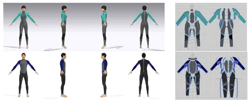 폼소재를 적용한 스포츠웨어(wetsuits)의 3D 모델링과 패턴 설계(상:여성, 하:남성)
