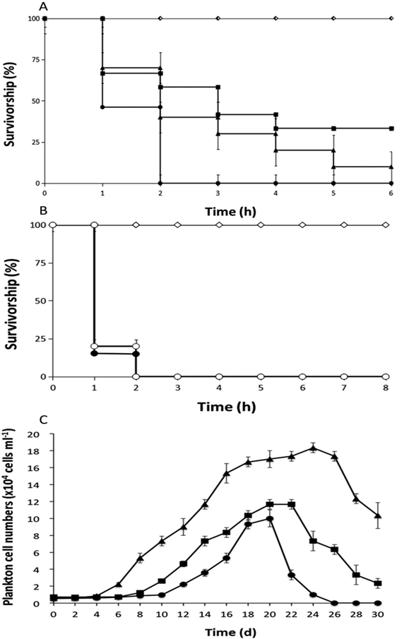 (A) Effects of the NGU04, SUO-1 and 2411 strains of Karenia mikimotoi or Chattonella marina on the rotifer Brachionus plicatilis. After exposure to NGU04 (●), SUO-1 (▲), 2411 (■), C. marina (◆), or medium alone as control (◇), the viabilities of rotifers in the test groups were examined. (B) Effect of SOD and catalase on the toxicity of the NGU04 strain of K. mikimotoi against the rotifer. After exposure to NGU04 in the presence (○) or absence (●) of SOD (100 U ml–1) and catalase (200 U ml–1), or medium alone as control (◇), the viabilities of rotifers in the test groups were examined. (C) Growth curves of the NGU04 (●), SUO-1 (▲) and 2411 (■) strains of K. mikimotoi. After starting the culture of the strains at initial cell density of 1.3– 1.5 × 104 cells ml–1, the cell number of each culture was counted every 2 days. Points indicate the mean of triplicate measurements, bars indicate ± standard deviation