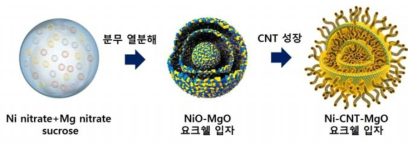 분무 열분해 공정을 통한 CNT가 성장된 Ni-MgO 요크쉘 구조체의 합성 모식도