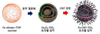 분무 열분해 공정을 통한 CNT가 성장된 Fe-TiO2 요크쉘 구조체의 합성 모식도