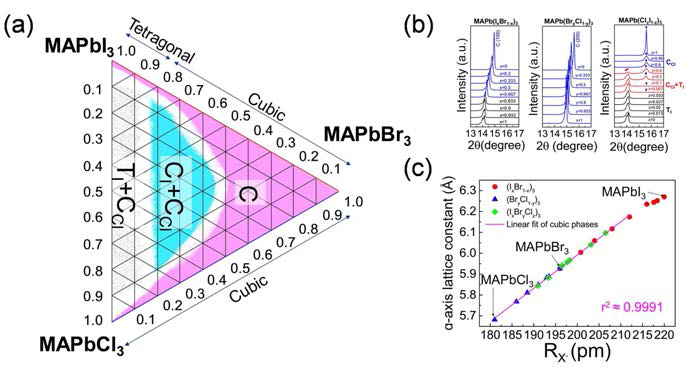 MAPbX3 (X=I-,Br-,Cl-) 의 (a) 구조 모식도, (b) XRD 패턴, (c) X site 치환에 따른 격자상수 변화