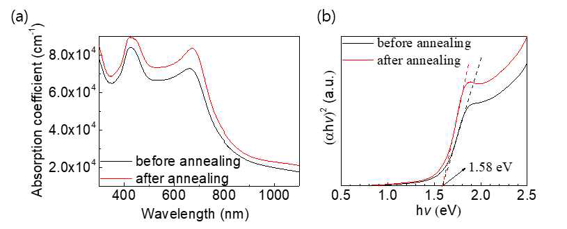 annealing 전 ․ 후 Cs2SnI6 박막의 (a) absorption coefficient, (b) 밴드갭