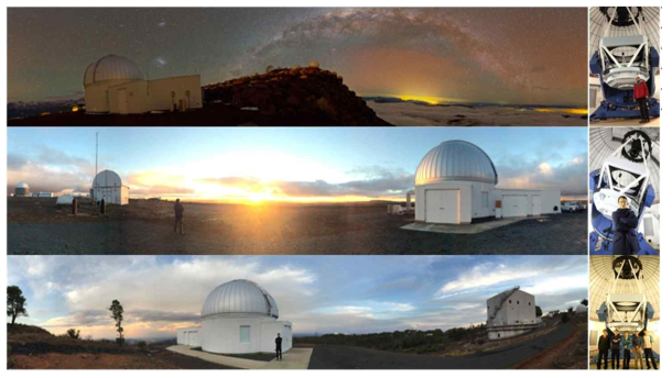 외계행성 관측실험에 사용된 KMTNet 망원경의 모습. 위로부터 Cerro Tololo Interamerican Observatory(CTIO), 남아프리카공화국의 South African Astronomical Observtory(SAAO), 호주의 Siding Spring Observatory(SSO)에 설치된 망원경의 모습을 보여준다