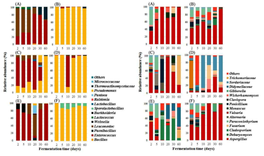 전통메주 6종의 세균(좌) 및 효모/곰팡이(우) 군집 분석 결과