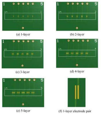 The five types of electrode and the magnified version of the 1-layer electrode. The gold-colored patterns are 100mm´1mm and they are separated 100mm away