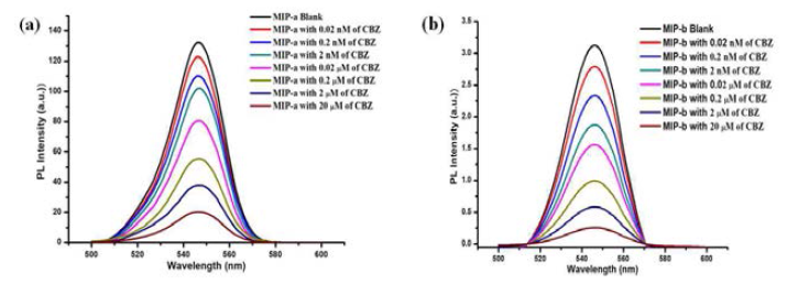혈청 시료에서 다양한 농도의 CBZ에 대한 (a) MIP-a와 (b) MIP-b의 형광 스펙트라