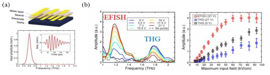 (a) 샘플 구조 및 THz 입사파 정보, (b) 발생된 THz 2, 3차 조화파 스펙트럼 및 테라헤르츠 전기장 세기 대비 발생된 조화파 크기 비교