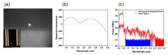(a) 제작된 도파관에 입사 펄스 레이저가 집속되는 IR 카메라 이미지. (삽도 : 칩 위에서 관찰한 도파관의 가시광 이미지) (b) 제작된 도파관의 파장대별 분산 그래프. 입사된 파장인 1560 nm에서 비정상 분산이다. (c) Red Line : 제작된 도파관에 펄스를 입사시키고, 이 신호를 광스펙트럼 분석기에서 분석한 결과. 대역이 2370 nm 까지 확장되었다. Blue Line : 도파관에 입사시키지 않고 다중모드 광섬유로 집광된 펄스 신호. 1560 nm를 중심으로 120 nm의 폭 (최고치에서 –30 dB 기준)