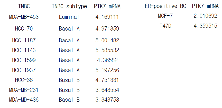 공공 데이터베이스를 이용한 estrogen 수용체 양성(ER+) 유방암과 삼중음성유방암 (TNBC) 세포들에서 PTK7 발현 분석 CCLE의 RNA-seq 데이터베이스 분석을 통해 estrogen 수용체 양성(ER+) 유방암 세포주와 basal A, basal B, luminal type의 삼중음성유방암 세포주들에서 PTK7 발현을 비교 분석함
