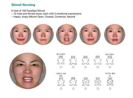 사회/정서조절력 과제 (Emotion Recognition 등)에서 아바타의 감정별 얼굴 근육의 Action Units 적용을 위해 FaceGen과 Facial Action Coding System 을 이용하여 설문 기반의 사전 연구