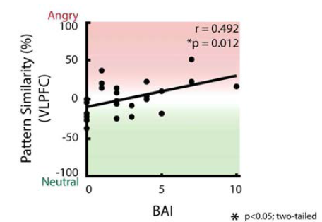불안지수(BAI)와 VLPFC의 낮은 강도의 화난 얼굴과 전형적인 화난 얼굴의 신경활성패턴 유사성과의 상관관계