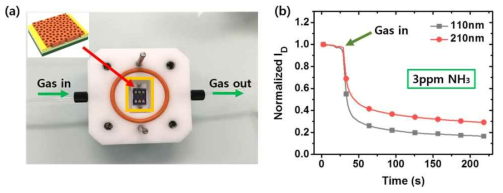 (a) Photoimage of the gas sensor based on a porous P3HT FET. (b) The sensitivity change of the gas sensor depending on the pore size of the P3HT film