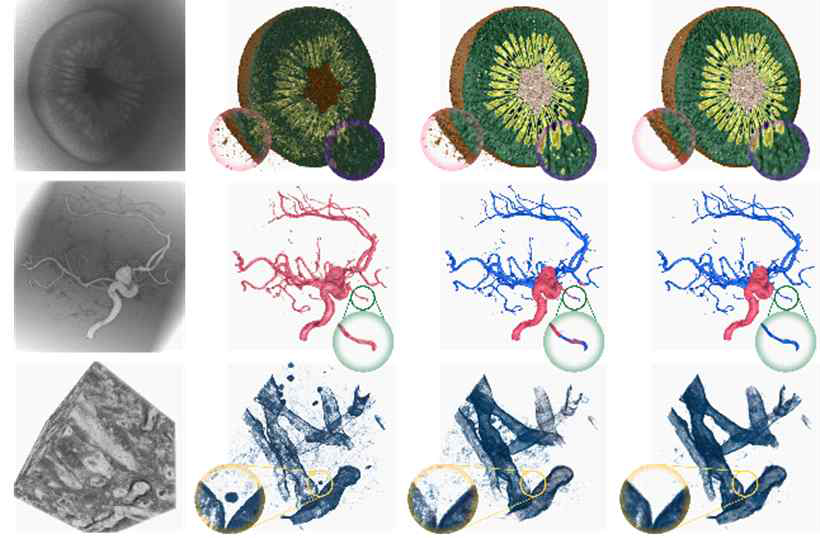 기존의 방법과 본 연구의 방법을 적용한 시각화 결과. 왼쪽부터 입력 데이터, [6]의 방법, [7]의 방법, 본 연구의 방법을 사용한 시각화 결과. 위에서부터 2563크기의 MRI-Kiwi, MRT-Aneurysm, EM-Mouse 데이터