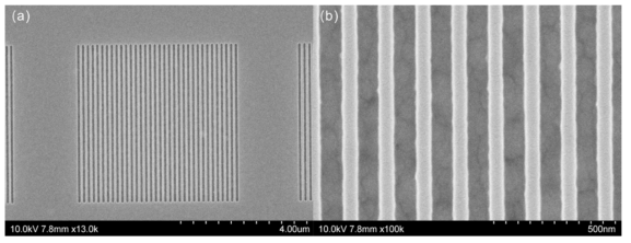 (a) 건식 식각을 사용하여 ZnS에 형성한 격자의 사진. (b) 격자의 확대 사진