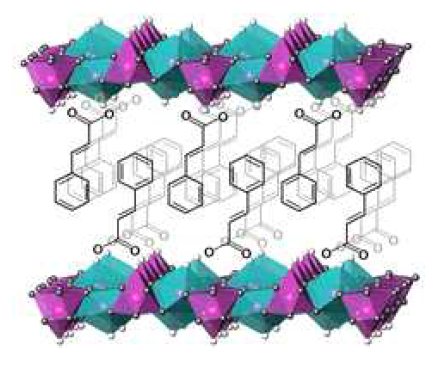 Schematic representation of partially interdigitated bilayer arrangement of cinnamate anions in the interlayer space of layered yttrium hydroxide