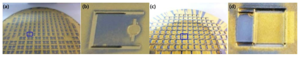 스캐너 제작 결과: (a) 웨이퍼 앞면, (b) 소자 앞면 , (c) 웨이퍼 뒷면, (d) 소자 뒷면