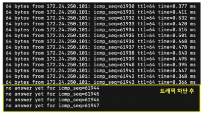 트래픽 차단 ping 테스트 화면