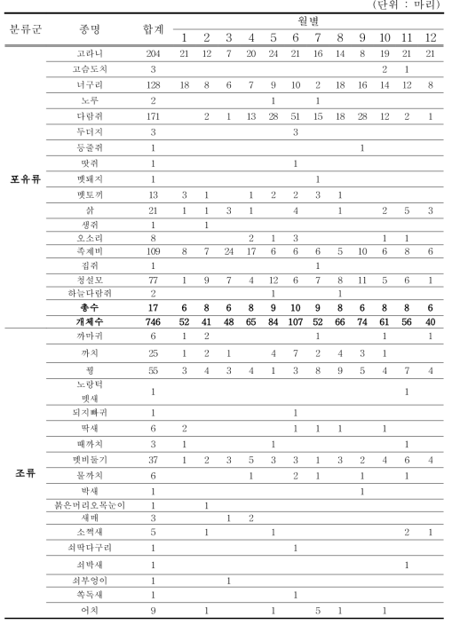 전국 국도 및 지방도로, 국립공원에서 발생한 야생동물 로드킬 현황