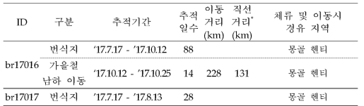 검독수리의 이동경로 GCT 추적 결과