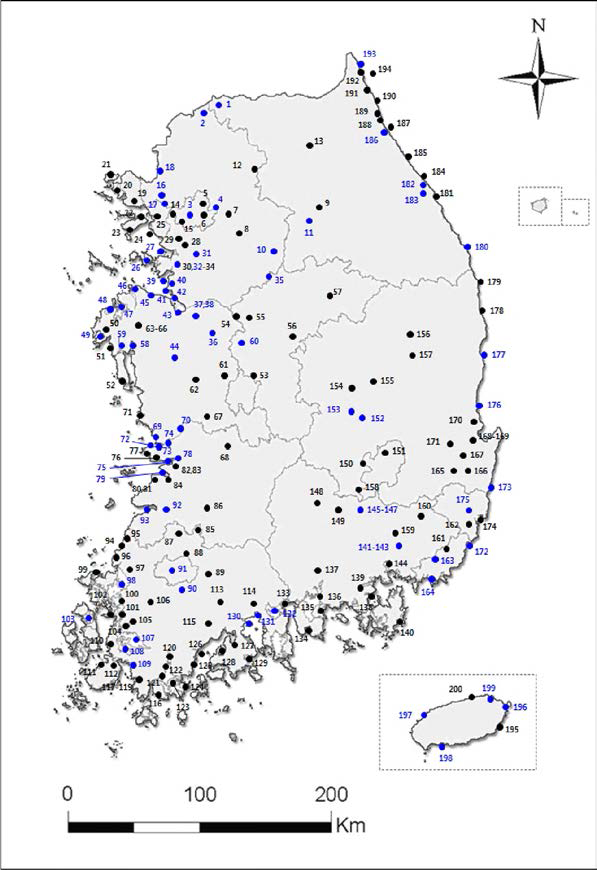 2016~2017년 겨울철새 주요 도래지 조사지역 (파란색으로 표시된 지역이 76개소에 해당)