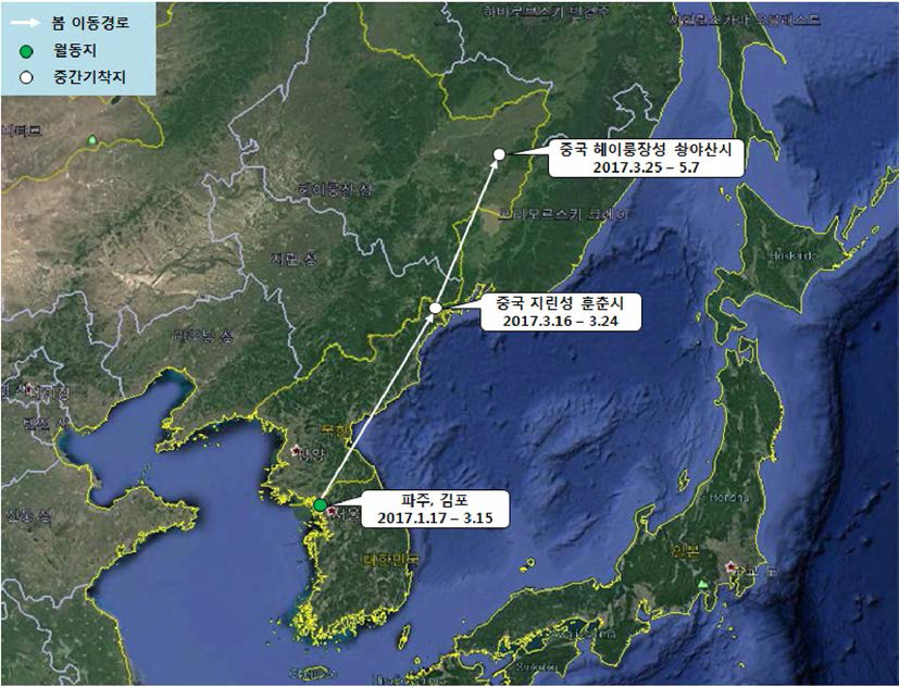 쇠기러기(br1668)의 이동경로(‘17.1.17 - ‘17.5.7)