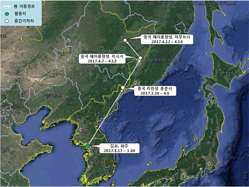 쇠기러기(br1671)의 이동경로 (‘17.1.17 - ‘17.4.16)