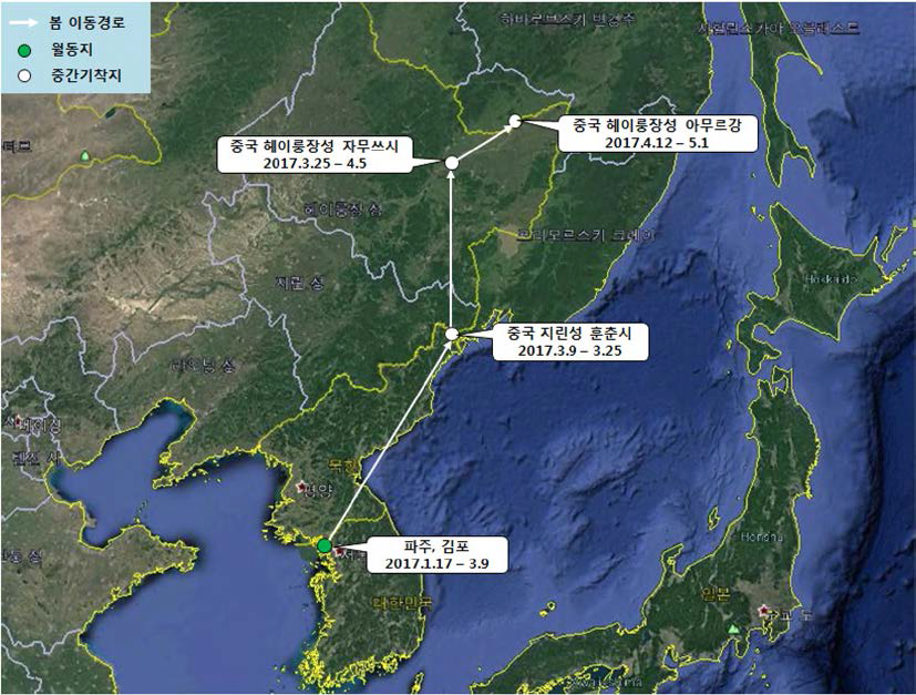 큰기러기(br1680)의 이동경로 (‘17.1.17 - ‘17.5.1)