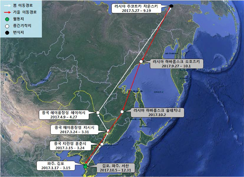 큰기러기(br1688)의 이동경로 (‘17.1.17 - ‘17.12.31)