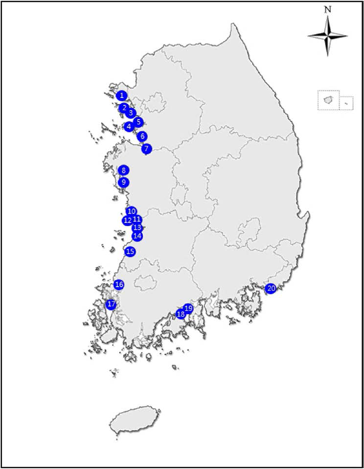 2017년 도요류 주요 도래지 20개 조사지역 (1-강화도, 2-영종도, 3-송도, 4-대부도, 5-시화호, 6-남양만, 7-아산만, 8-간월호, 9-천수만, 10-장항해안, 11-금강하구, 12-유부도, 13-만경강, 14-동진강, 15-곰소만, 16-함평만, 17- 압해도, 18-여자만, 19-순천만, 20-낙동강하구)