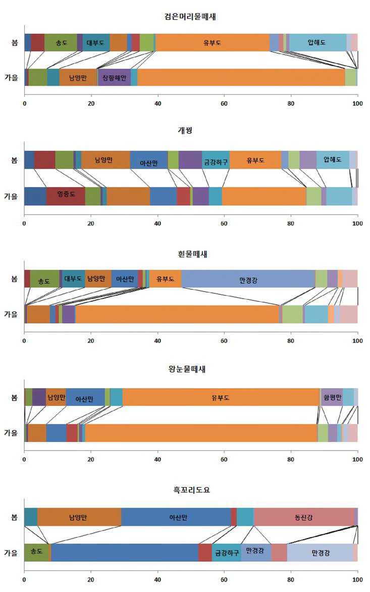 주요 도요류의 봄•가을 지역별 개체수 현황(%)