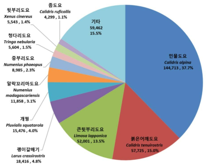 2018년 봄철 도요류 주요 도래지에서 관찰된 우점종