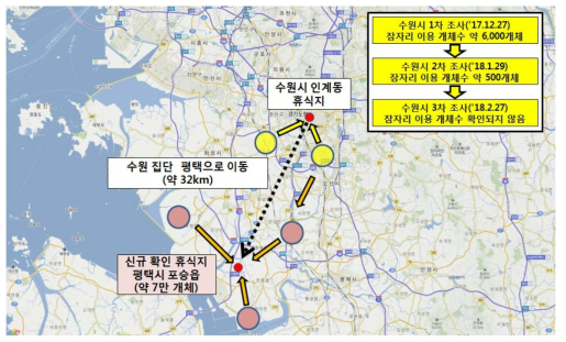 떼까마귀의 수원 및 평택 잠자리 이용 상황