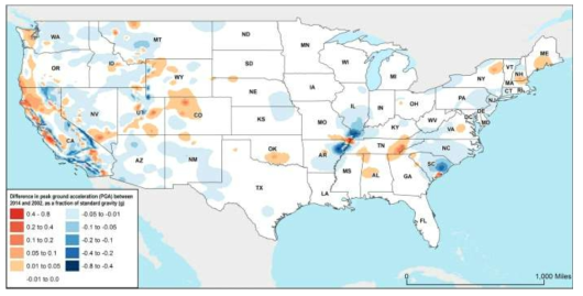 GIS 기반 1,000년 주기의 USGS 지진 위험도 차이(2002년-2014년) 분석 (출처: FEMA, accessed 2018.06)